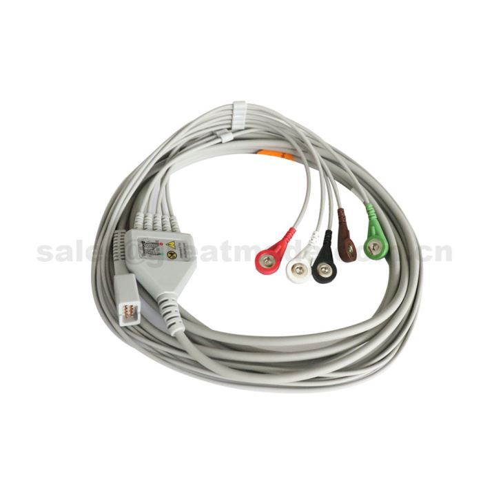 Compatibile con MEK MP1000, MP600, MP500, cavo paziente ECG monopezzo con 5 fili conduttori a scatto per monitor paziente.