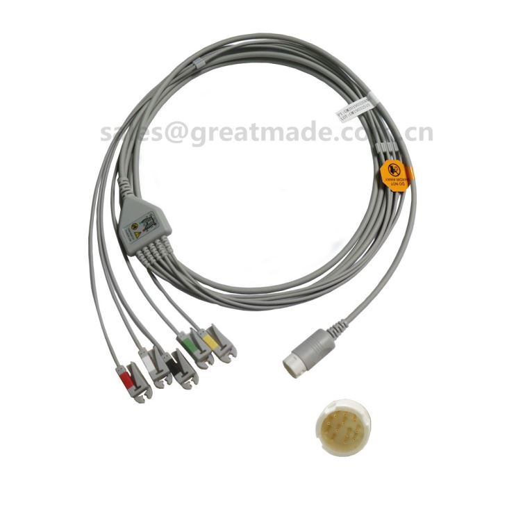 Compatibile con la macchina ECG PHILIPS (HP), cavo ECG monopezzo e conduttori, 5 conduttori, a scatto, AHA o IEC 12 pin HP, connettore diritto